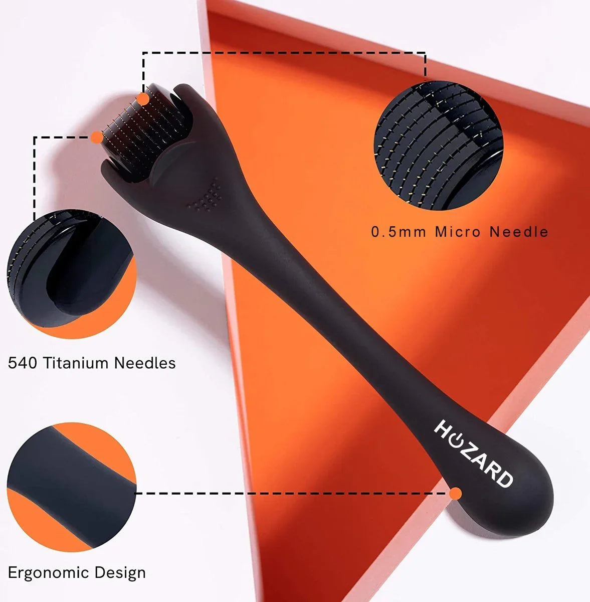 Zwarte dermaroller met 540 titanium micronaaldjes van 0,5 mm, ergonomisch ontwerp op oranje achtergrond.