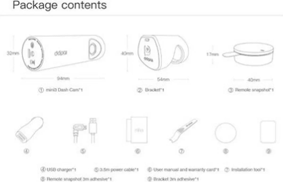 Inhoud pakket: mini dashcam, beugel, afstandsbediening, USB-lader, kabel, handleiding, installatie tools.