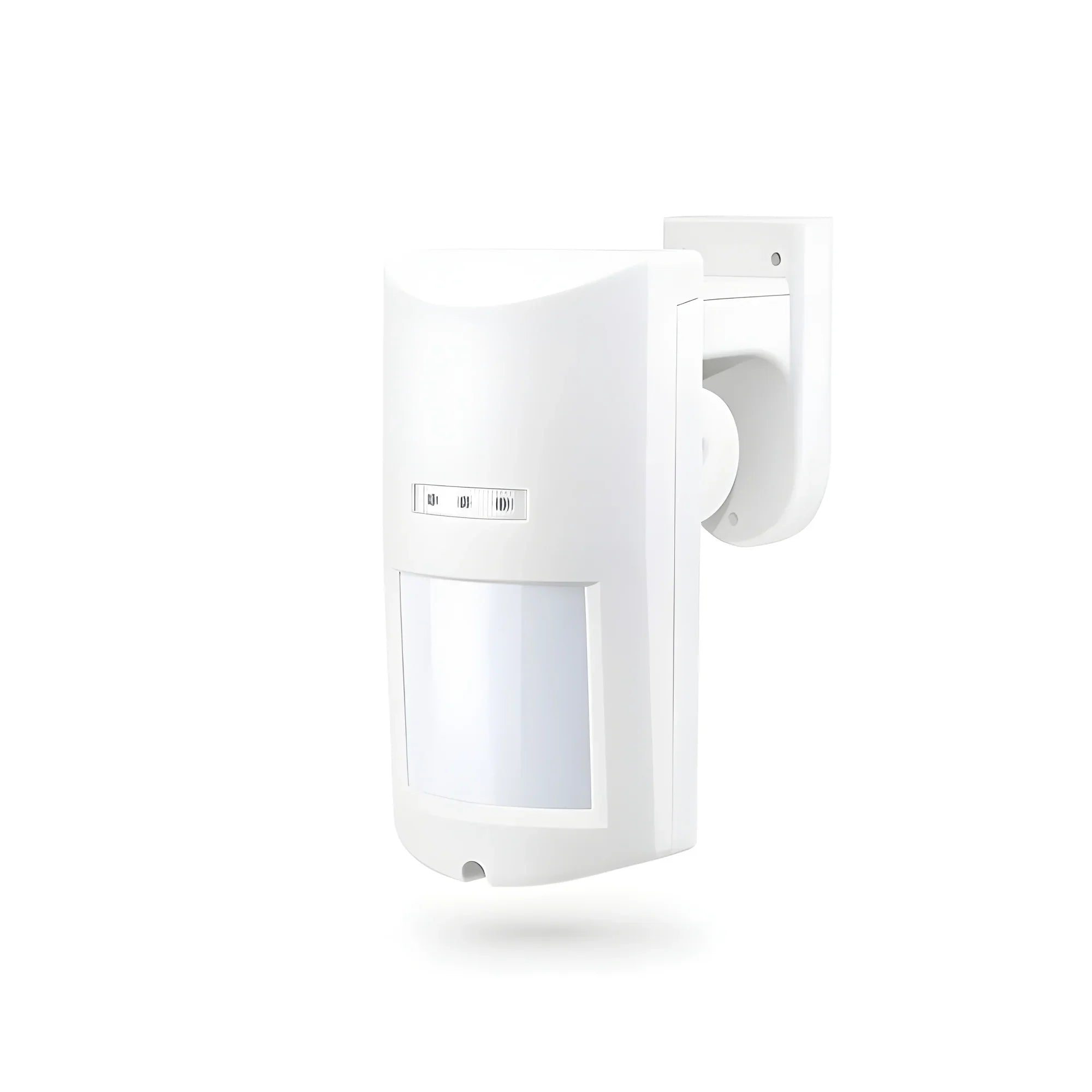 Witte bewegingssensor voor binnen en buiten, wandmontage, geschikt voor beveiliging.