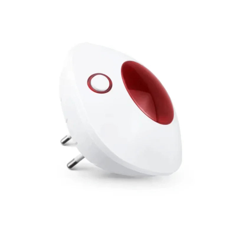 Witte slimme stekker met rode sirene, elektronische beveiliging voor stopcontacten