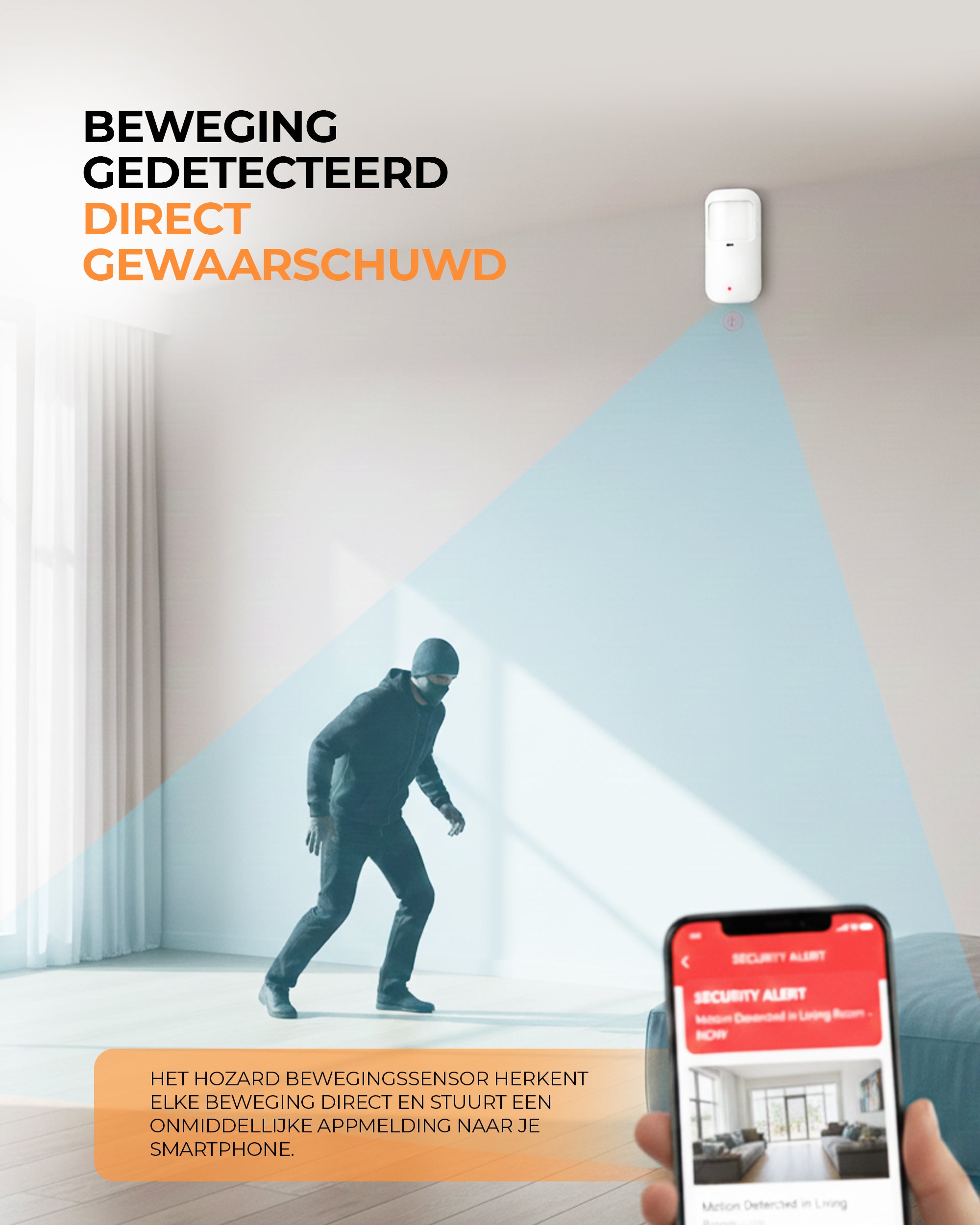 Bewegingsdetector in woonkamer detecteert inbreker en stuurt melding naar smartphone.
