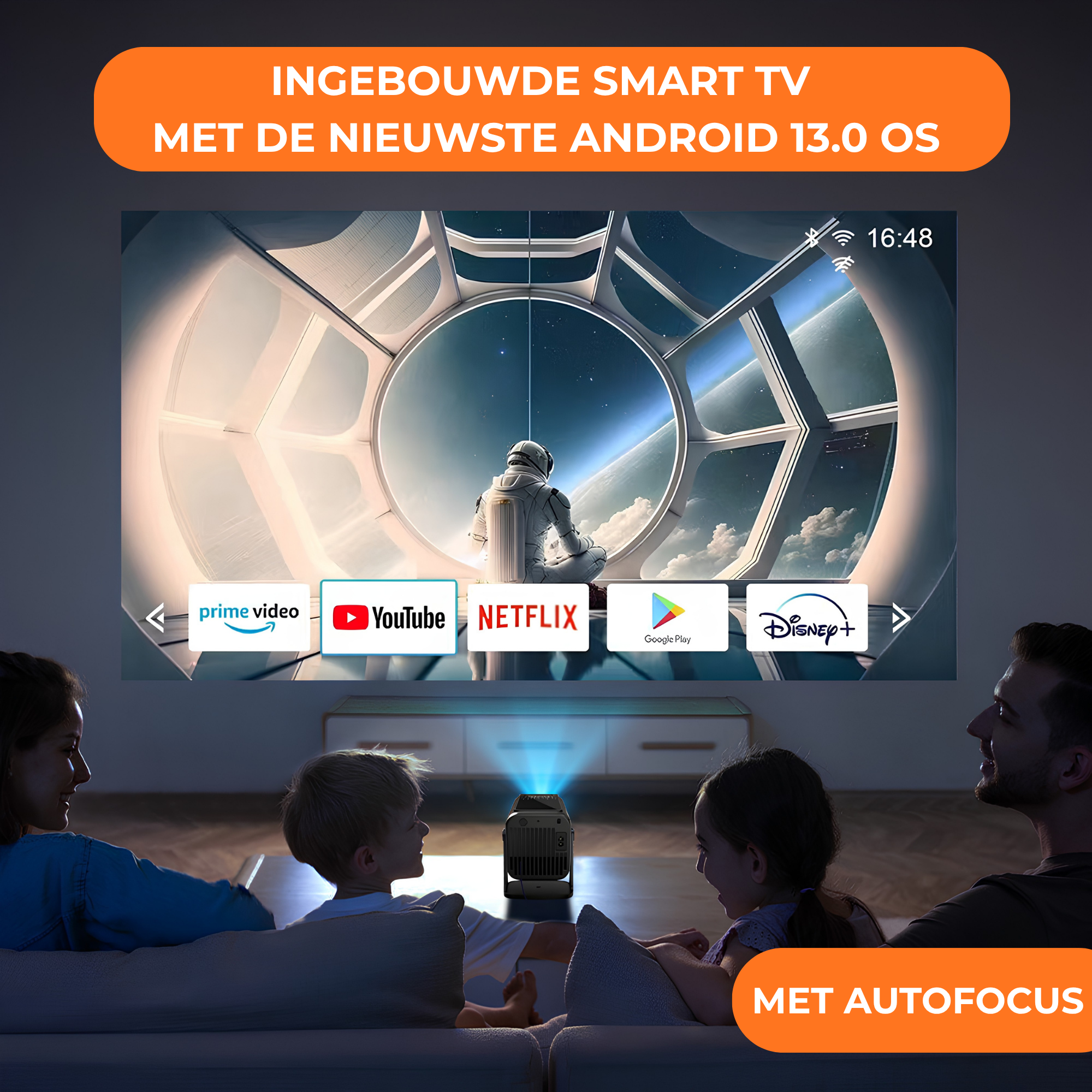 Pro Mini Beamer – Full HD Projector – Autofocus + 4D Keystone - Android 13.0 & WiFi 6 – Media Streamer