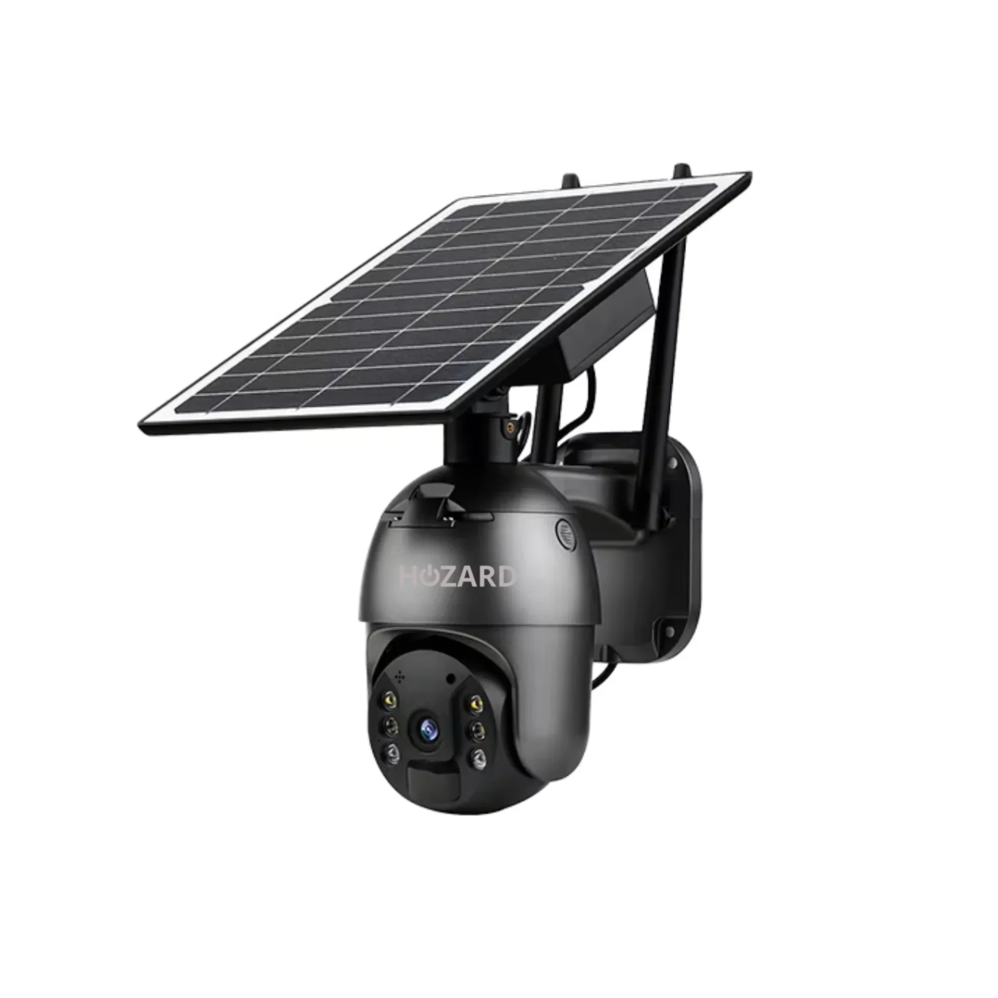 Zwarte beveiligingscamera met zonnepaneel, outdoor beveiliging, HD-lens en infrarood sensoren