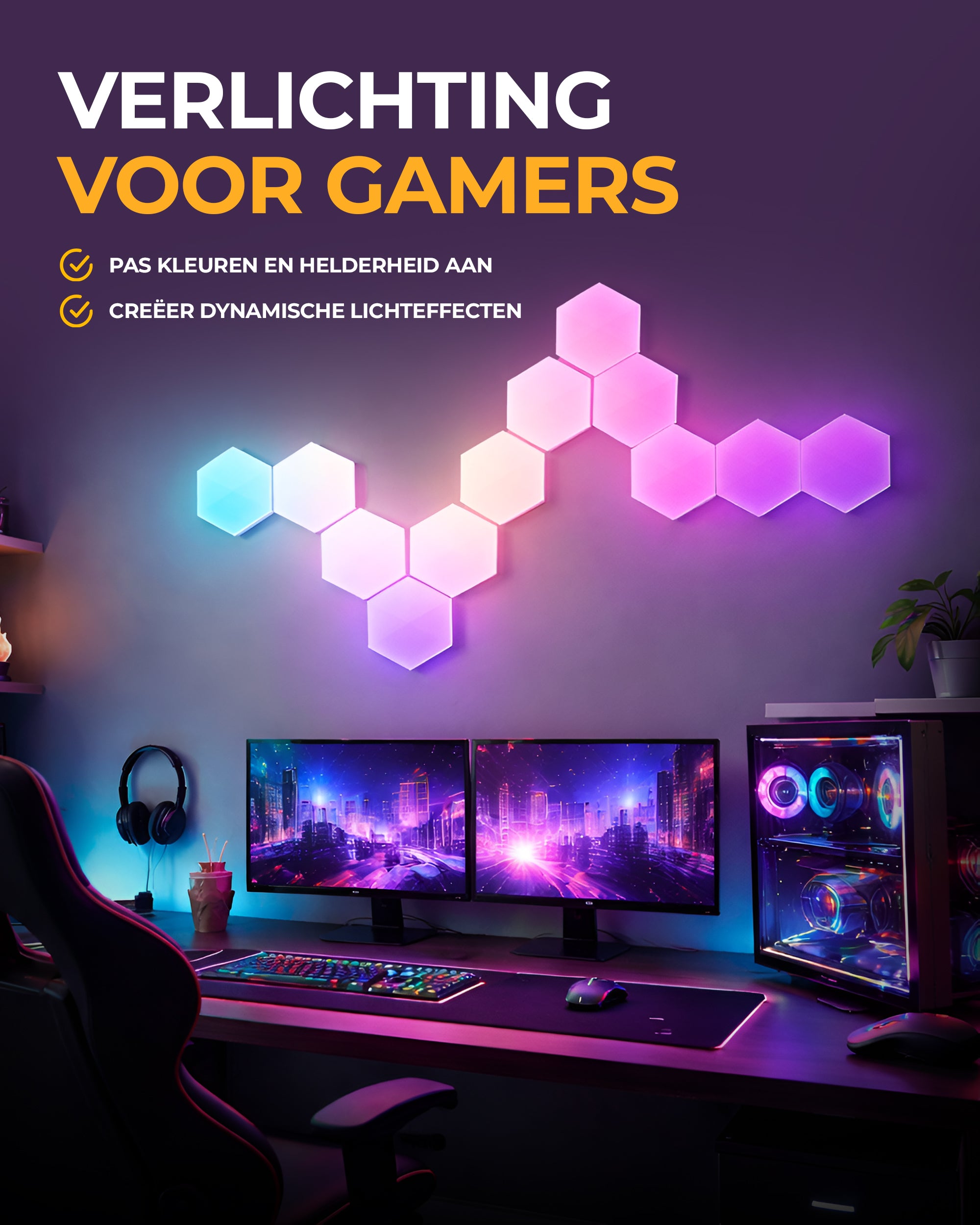 Hexagon LED Lights App - Wandlamp Binnen – RGB LED Verlichting - Gaming Accesoires – 6X LED Panelen