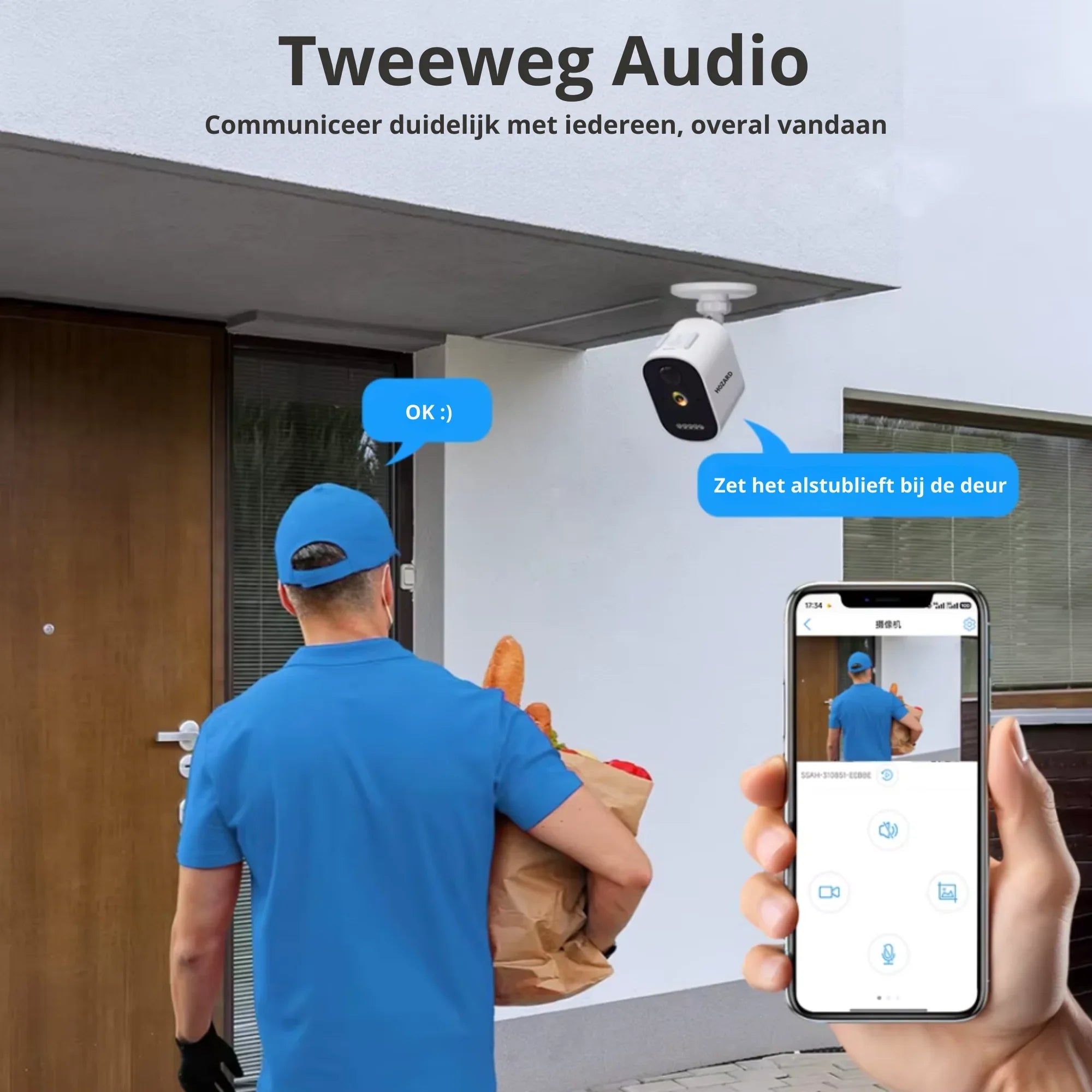 Beveiligingscamera met tweeweg audio, bezorger bij voordeur, live videobeeld op smartphone