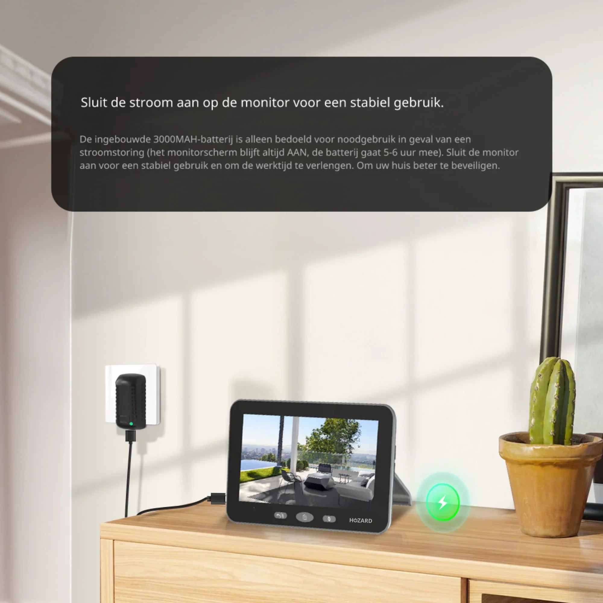 Beveiligingsmonitor op houten kast, aangesloten op stroom, met live camerabeeld en cactus.