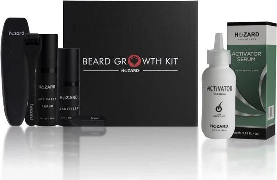 Baardgroei kit met activator serum, roller en baardverzorging producten tegen witte achtergrond.