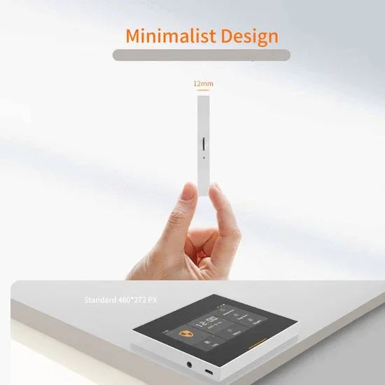Moderne, minimalistische slimme thermostaat met touchscreen-display, dun 12mm ontwerp.