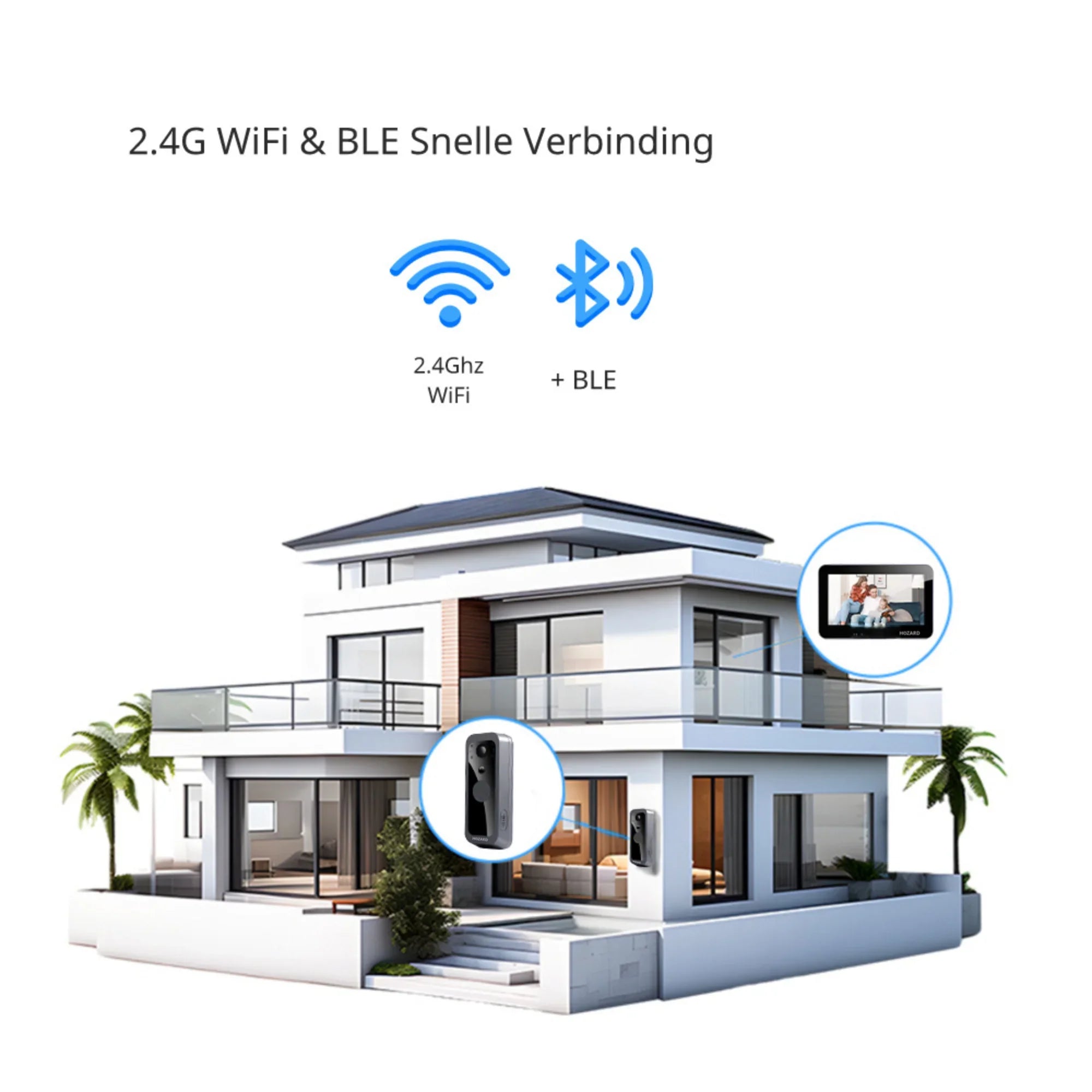 Modern huis met slimme deurbel, 2.4G WiFi en Bluetooth BLE snelle verbinding.
