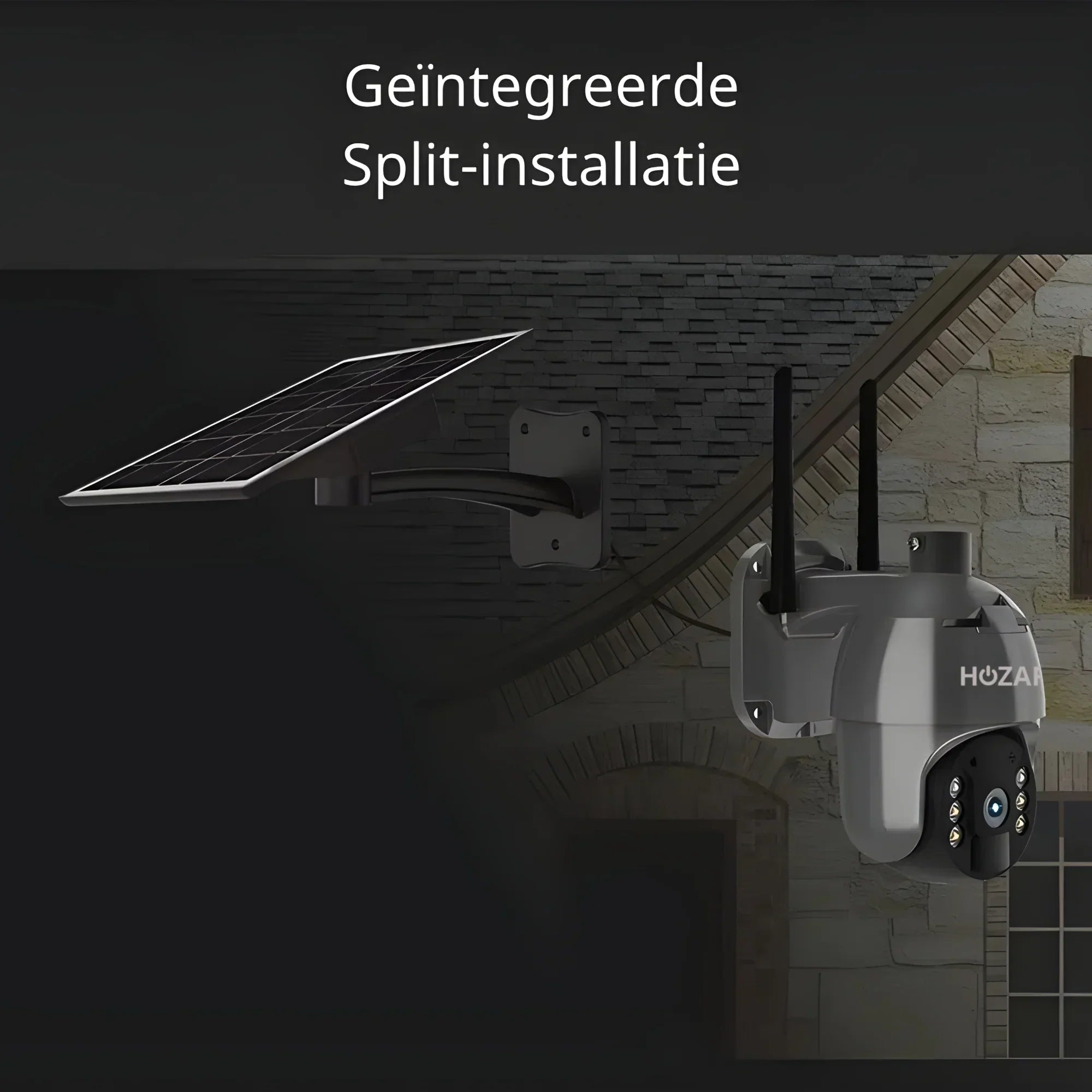 Beveiligingscamera met zonnepanelen, muurmontage, nachtzicht en wifi-antennes buiten.