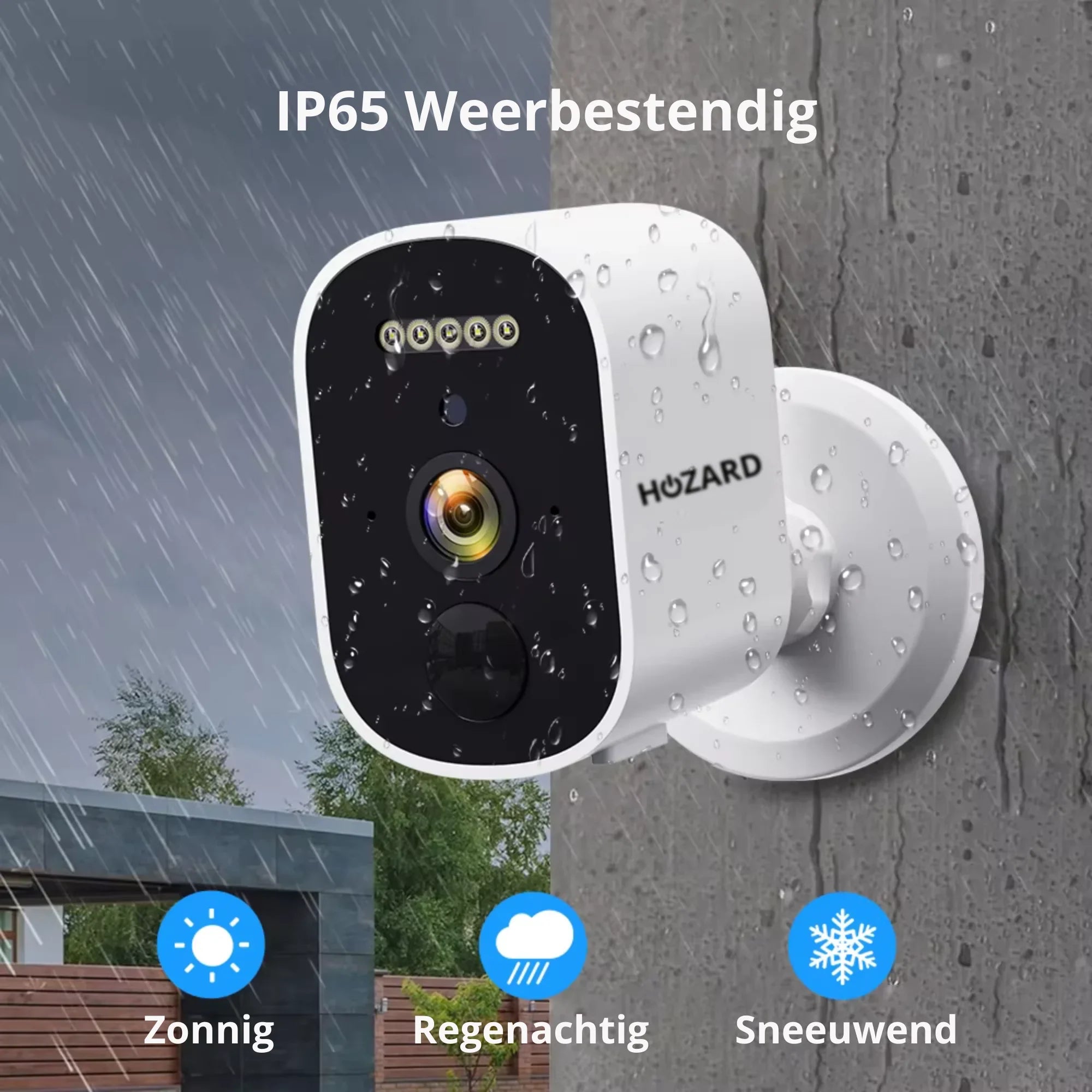 Weerbestendige IP65 beveiligingscamera voor buiten met regendruppels op de behuizing.