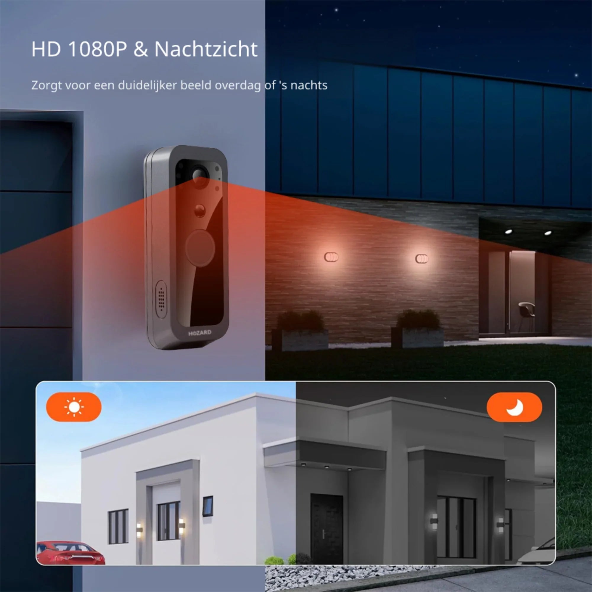 Video deurbel met HD 1080P camera en nachtzicht, toont dag- en nachtbeveiliging