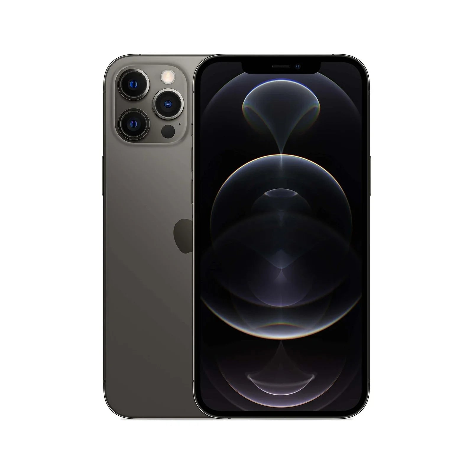 Zwarte smartphone met groot scherm en driedubbele camera aan de achterkant, elektronica product