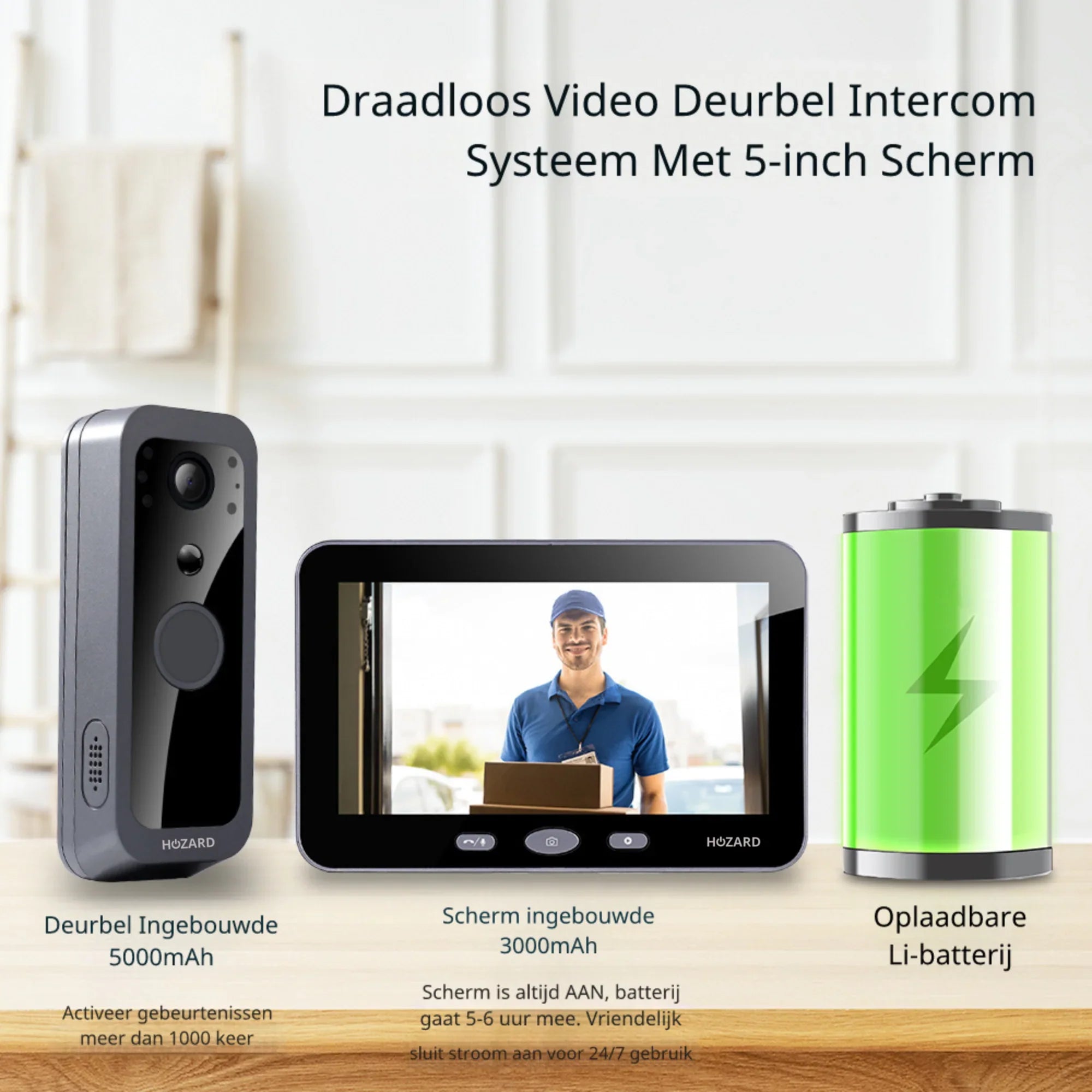 Draadloze video deurbel intercom met 5-inch scherm, ingebouwde accu en oplaadbare Li-batterij.