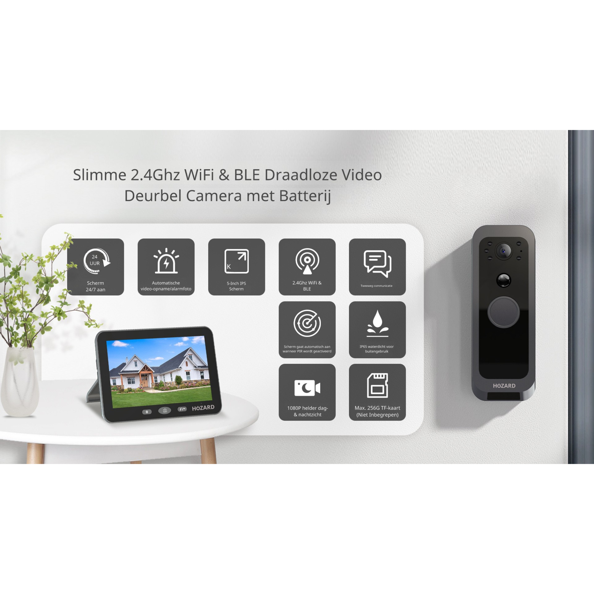 Deurbel met camera en Monitor – WiFi + APP + Bewegingsdetectie - Draadloze Video Deurbel – 32GB - 5 inch IPS-Scherm