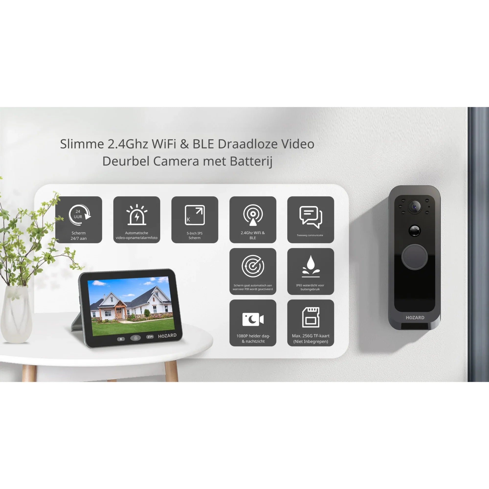 Draadloze video deurbel camera met 5-inch scherm, WiFi, nachtzicht en batterij aan muur gemonteerd.