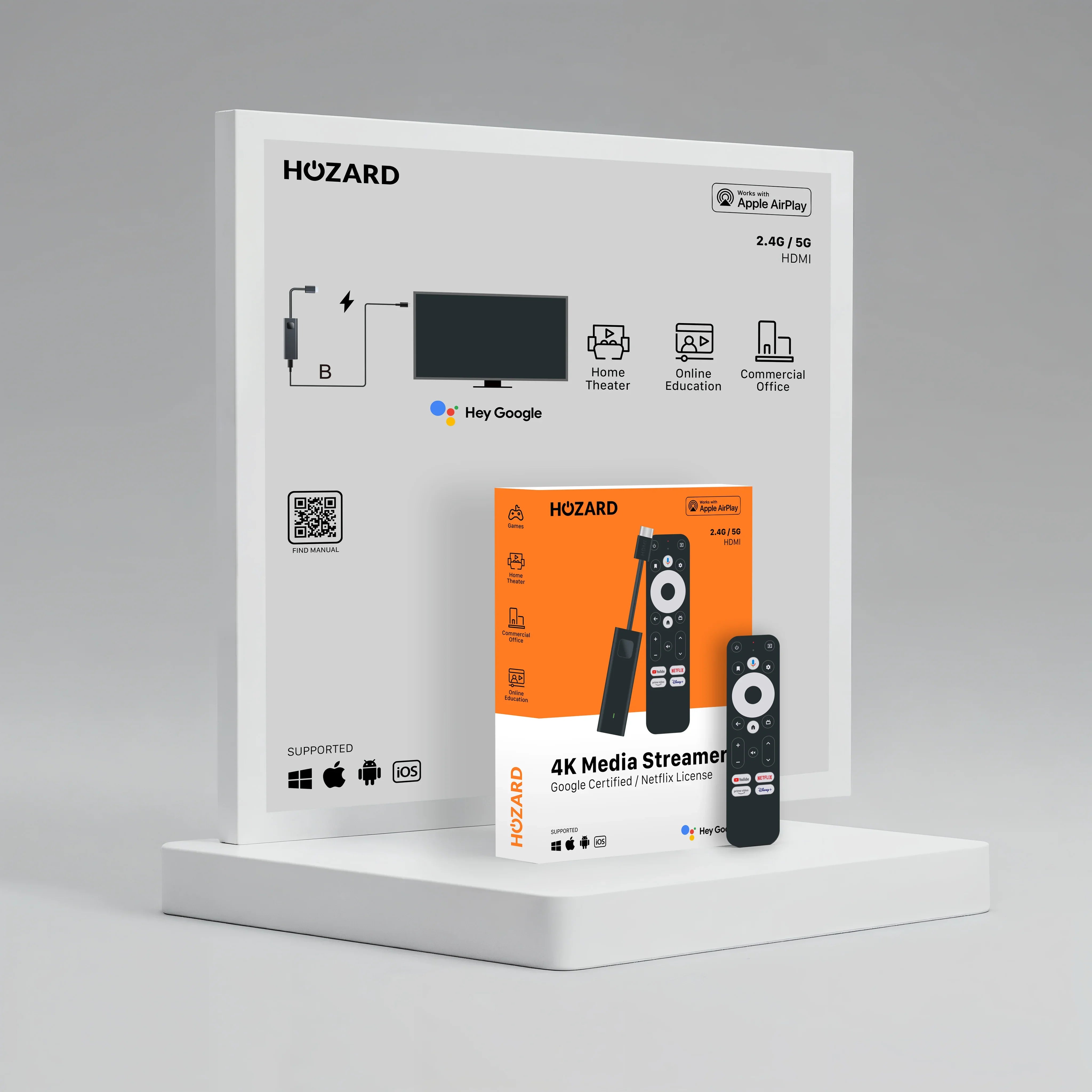 4K media streamer met afstandsbediening, geschikt voor slimme tv, Google en Apple AirPlay