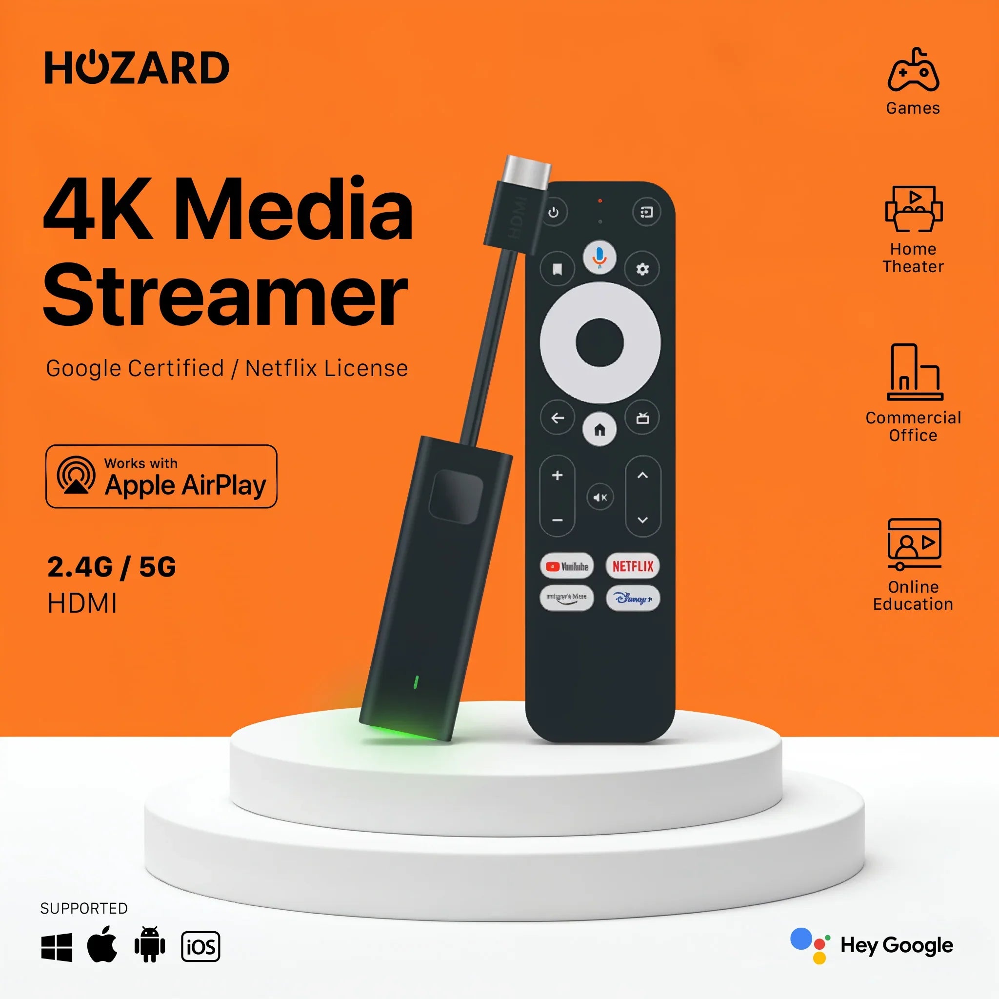 4K media streamer en afstandsbediening, zwart, geschikt voor HDMI, Google gecertificeerd, AirPlay