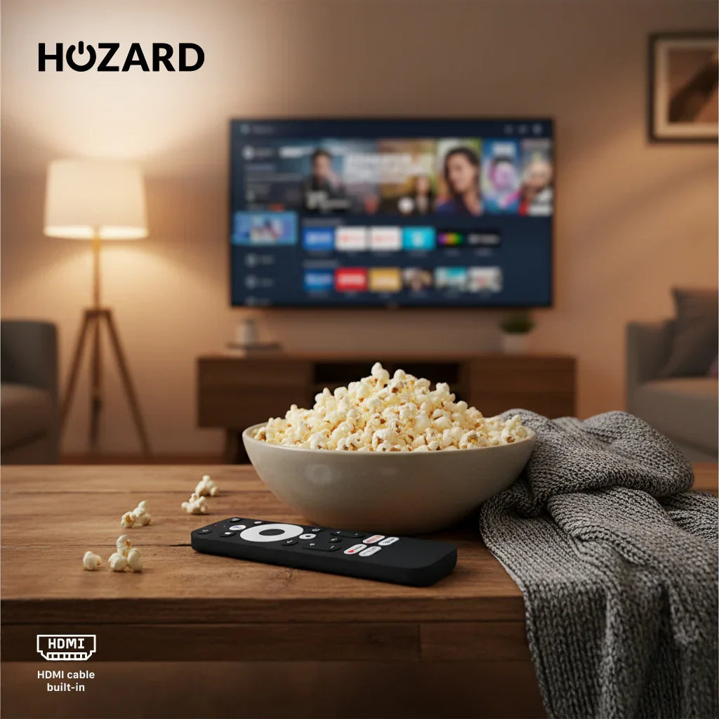 Gezellige woonkamer met smart tv, afstandsbediening, popcorn en plaid op houten tafel.