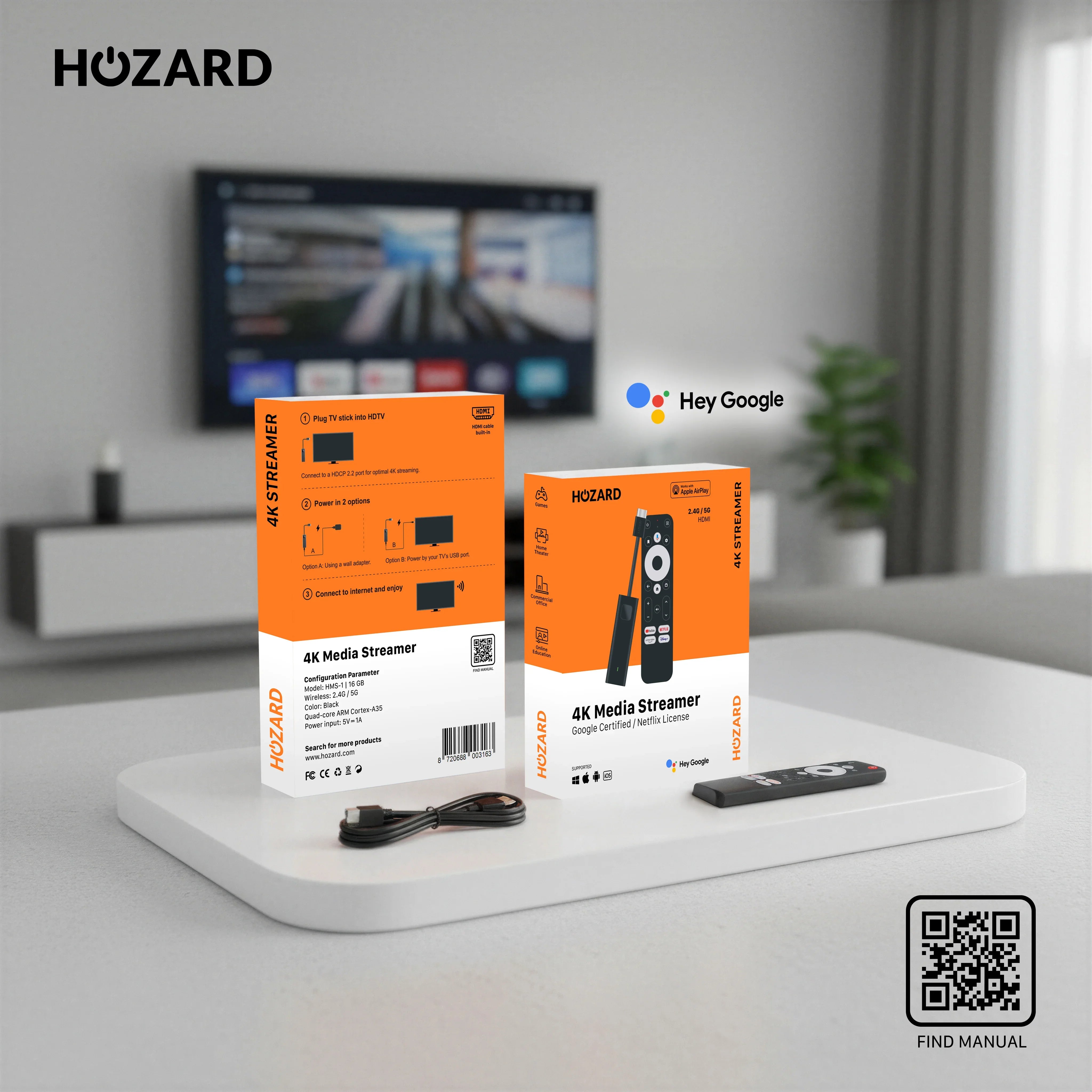 4K media streamer met afstandsbediening en verpakking op tafel, smart tv op achtergrond.