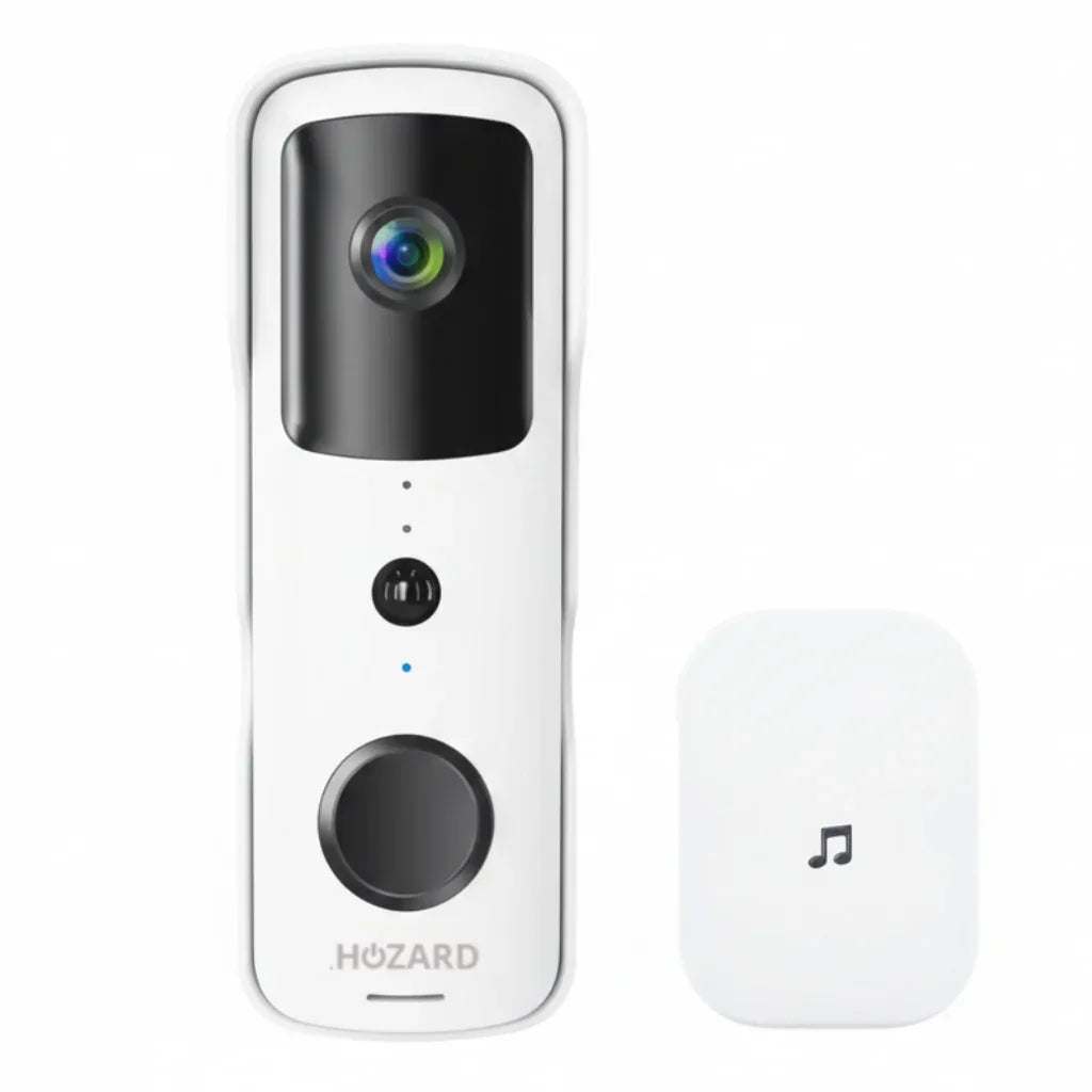 Moderne witte video deurbel met camera en draadloze gong, slimme beveiliging huis.