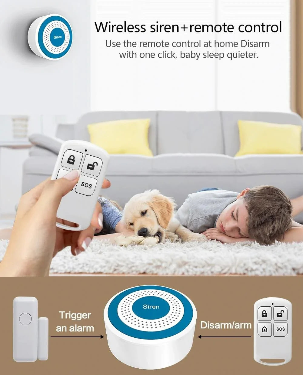 Draadloze sirene met afstandsbediening, alarmsysteem, kind en hond op tapijt, woonkamer