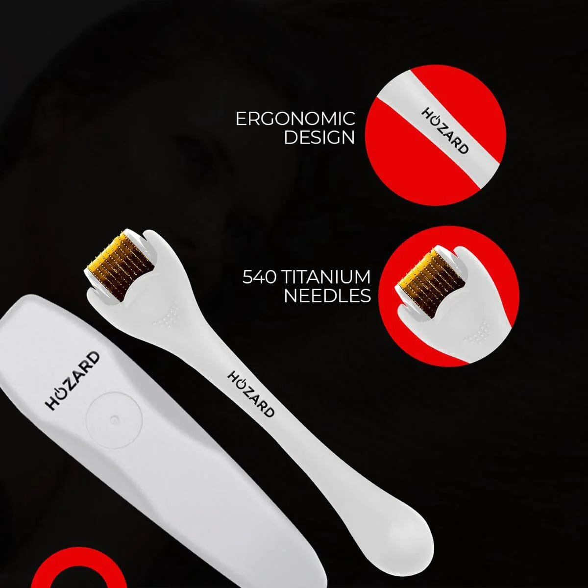 Witte dermaroller met 540 titanium naalden en ergonomisch design voor haargroei stimulatie.