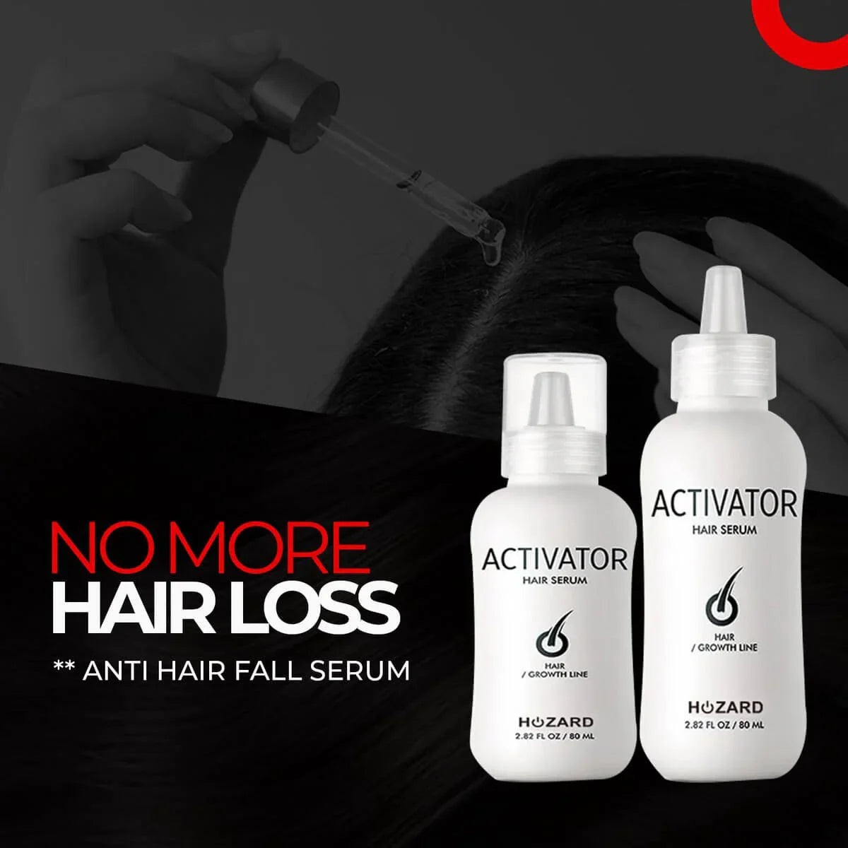 Activator haargroei serum flessen en pipet die haarserum op hoofdhuid aanbrengt tegen haaruitval.