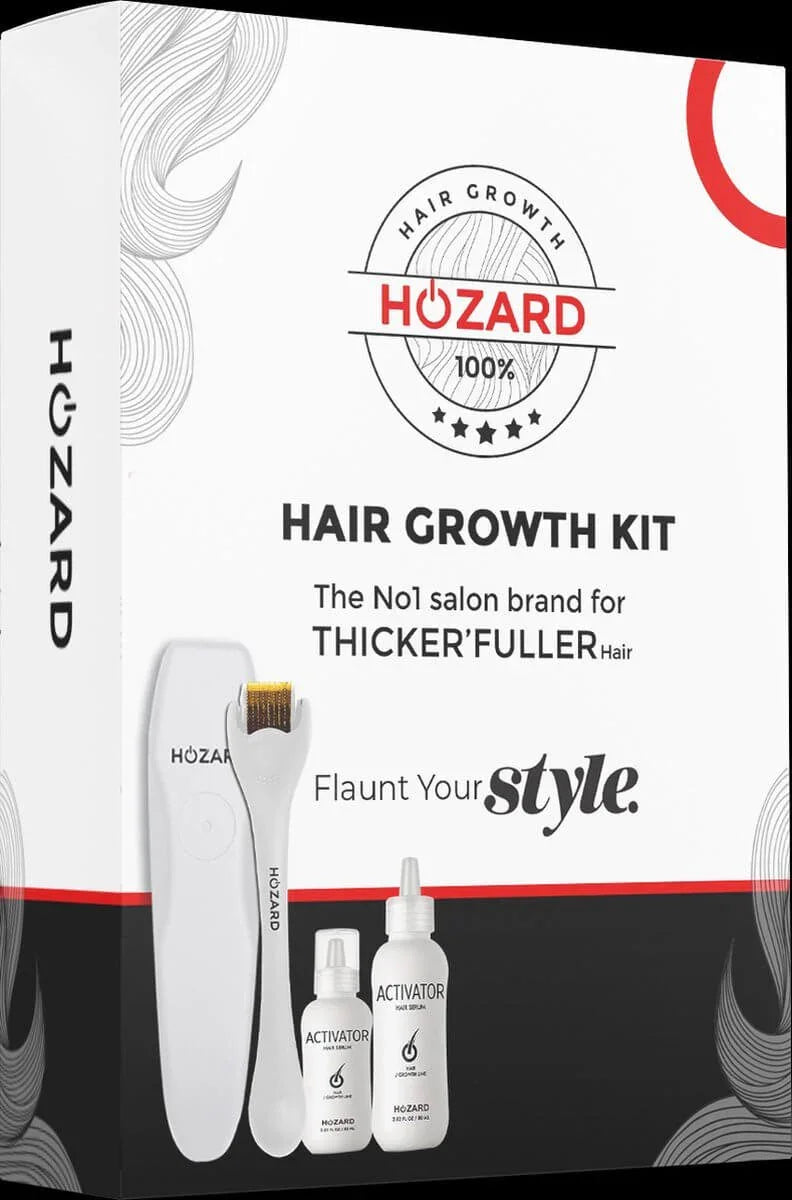 Haar groei kit verpakking met activator serum en dermaroller voor dikker haar