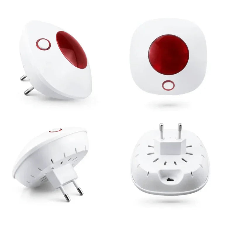 Witte en rode draadloze sirene voor stopcontact, beveiligingsapparaat, verschillende hoeken