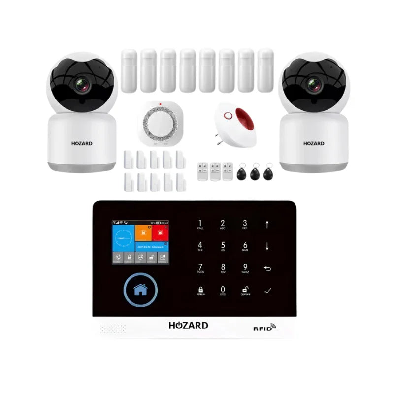 Compleet alarmsysteem met beveiligingscamera's, sensoren, toetsenpaneel en accessoires