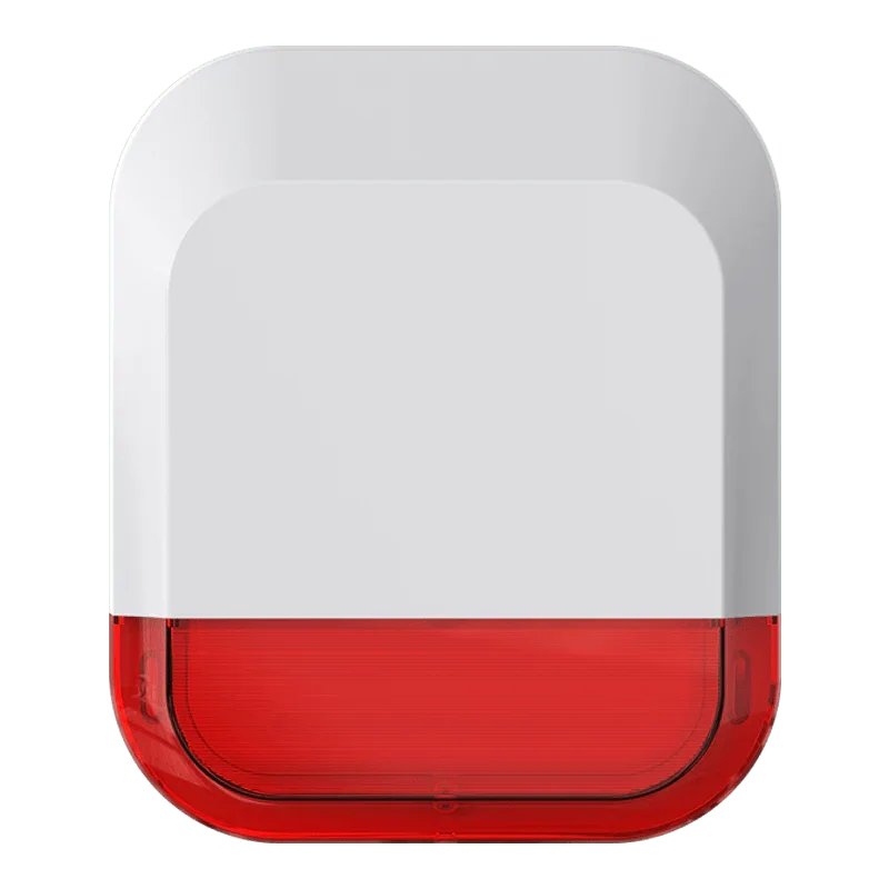 Moderne buitensirene beveiligingssysteem, wit met rode onderkant, elektronica