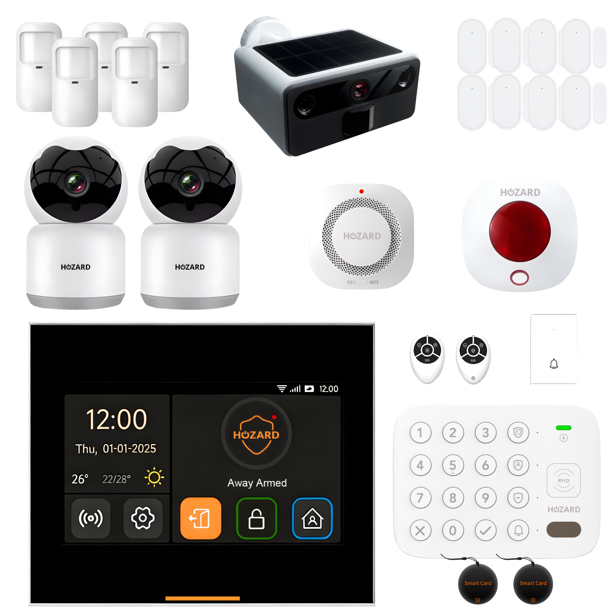 Alarmsysteem set met touchscreen bedieningspaneel, sensoren, camera’s, sirene en accessoires.