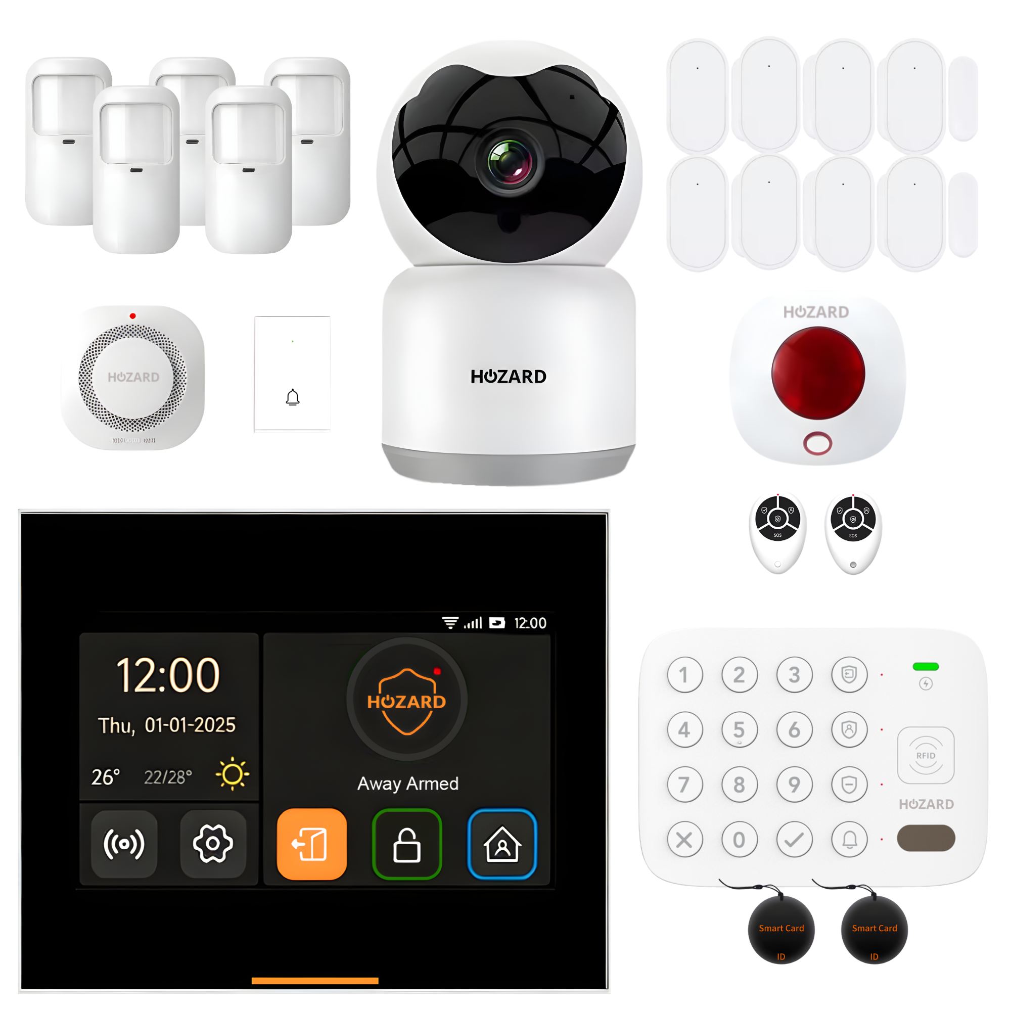 Complete wit huisbeveiligingssysteem met camera, sensors, alarm, sirene en bedieningspaneel.