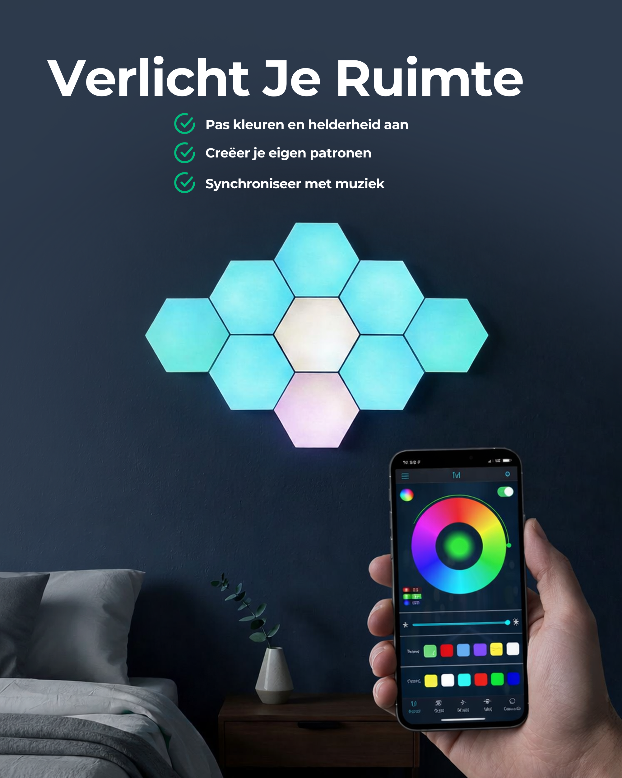 Hexagon LED Lights App - Wandlamp Binnen – RGB LED Verlichting - Gaming Accesoires – 6X LED Panelen
