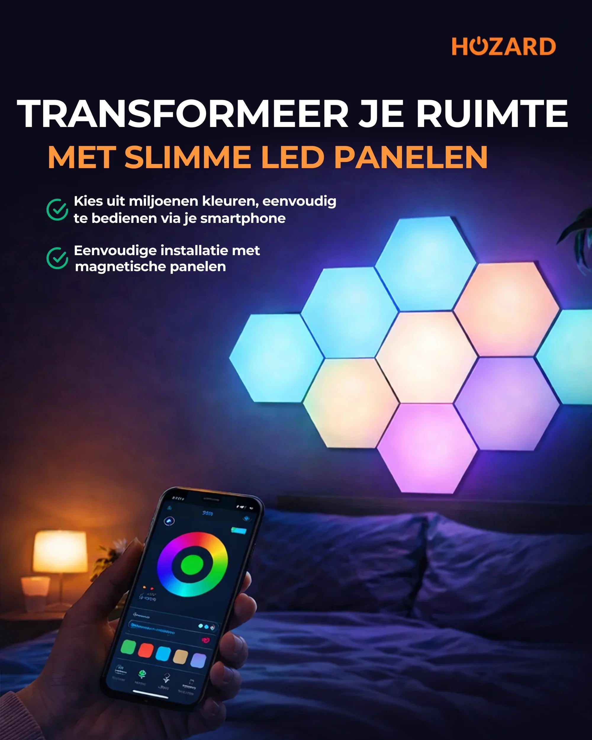 Slimme LED panelen aan slaapkamerwand, bedienbaar met smartphone, instelbaar in verschillende kleuren.