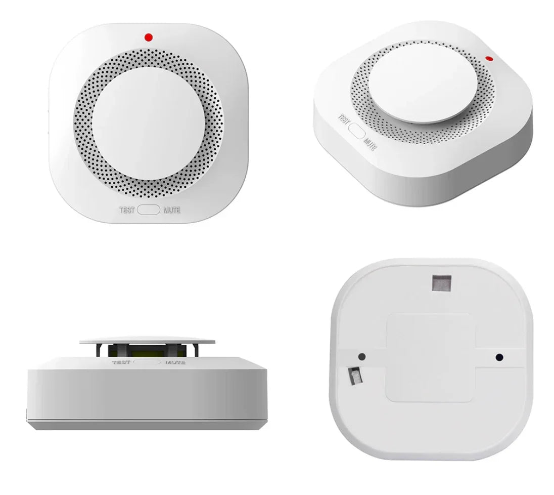 Witte rookmelder met test- en mute-knop, vier aanzichten, geschikt voor huisbeveiliging