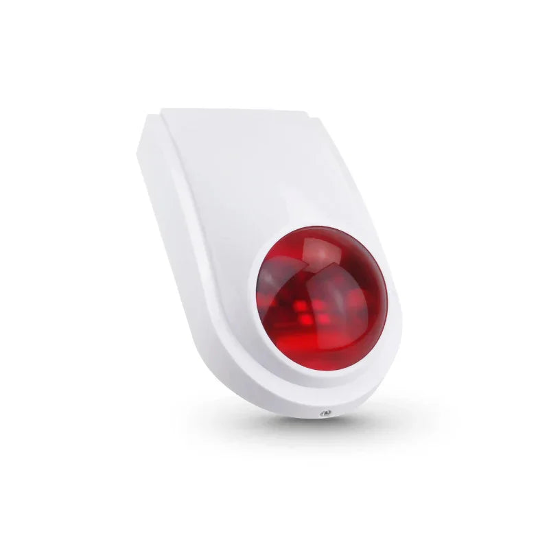 Witte draadloze sirene met rode LED-flitslamp, geschikt voor alarmsysteem beveiliging.