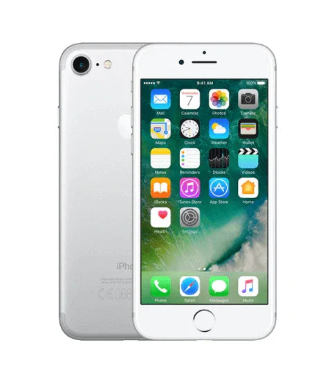 Zilveren iPhone 7 met aan- en uitgescherm, smartphone met touchscreen en camera