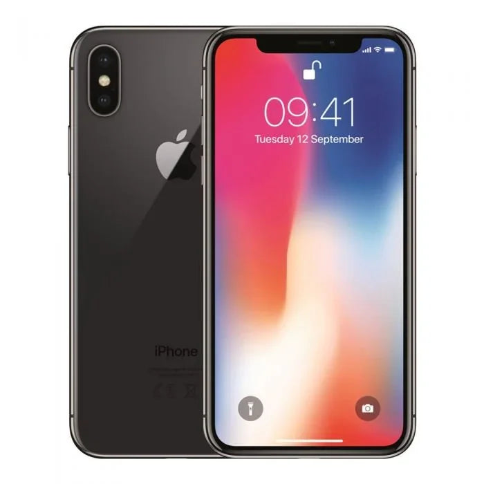 Zwarte iPhone X smartphone met dual-camera en edge-to-edge scherm, voorkant en achterkant zichtbaar.