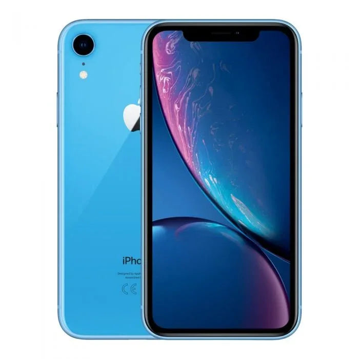 Blauwe iPhone XR smartphone met groot scherm en glanzende achterkant, elektronica productfoto