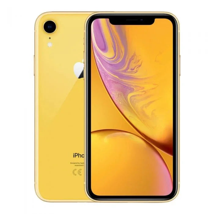 Gele iPhone XR, voor- en achterkant zichtbaar met kleurrijk scherm en enkele camera.