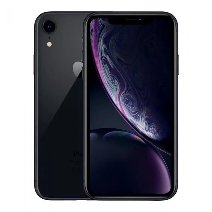 Zwarte iPhone XR voorkant en achterkant, smartphone met groot scherm en camera