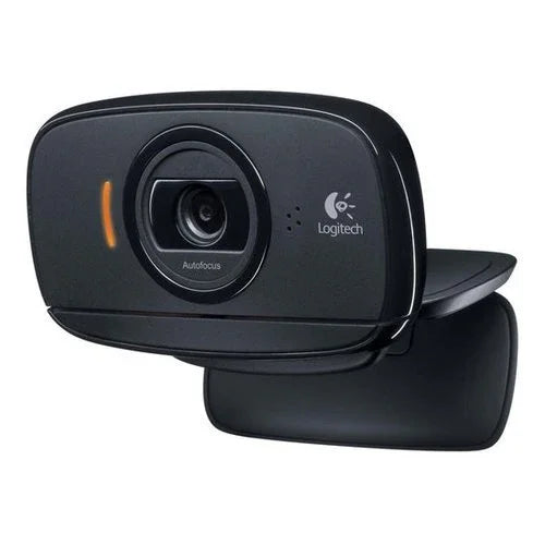 Zwarte Logitech webcam met autofocus en oranje statuslampje op bevestigingsclip