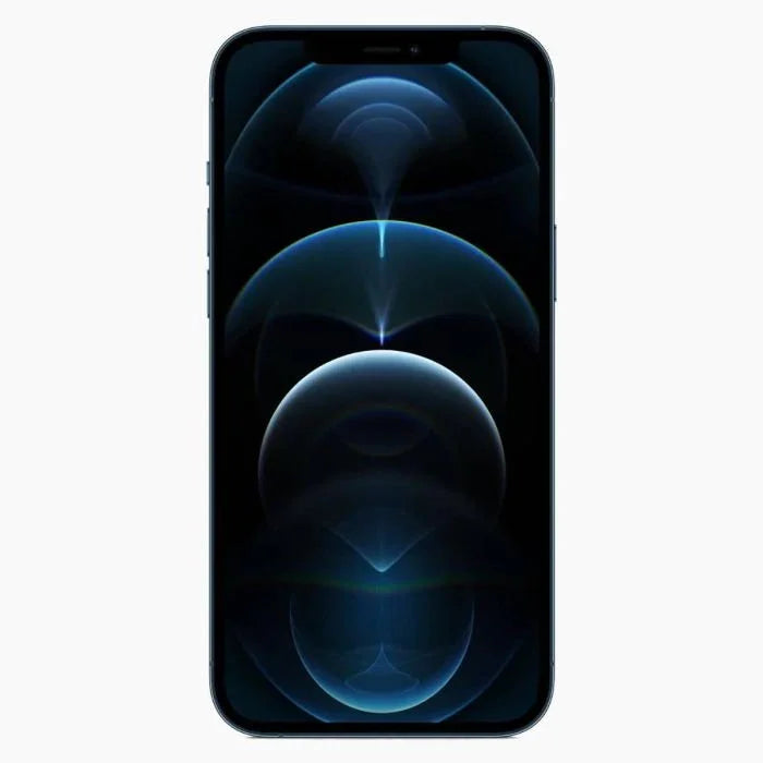 Refurbished iPhone 12 Pro blauw, voorkant, met donker scherm en afgeronde hoeken