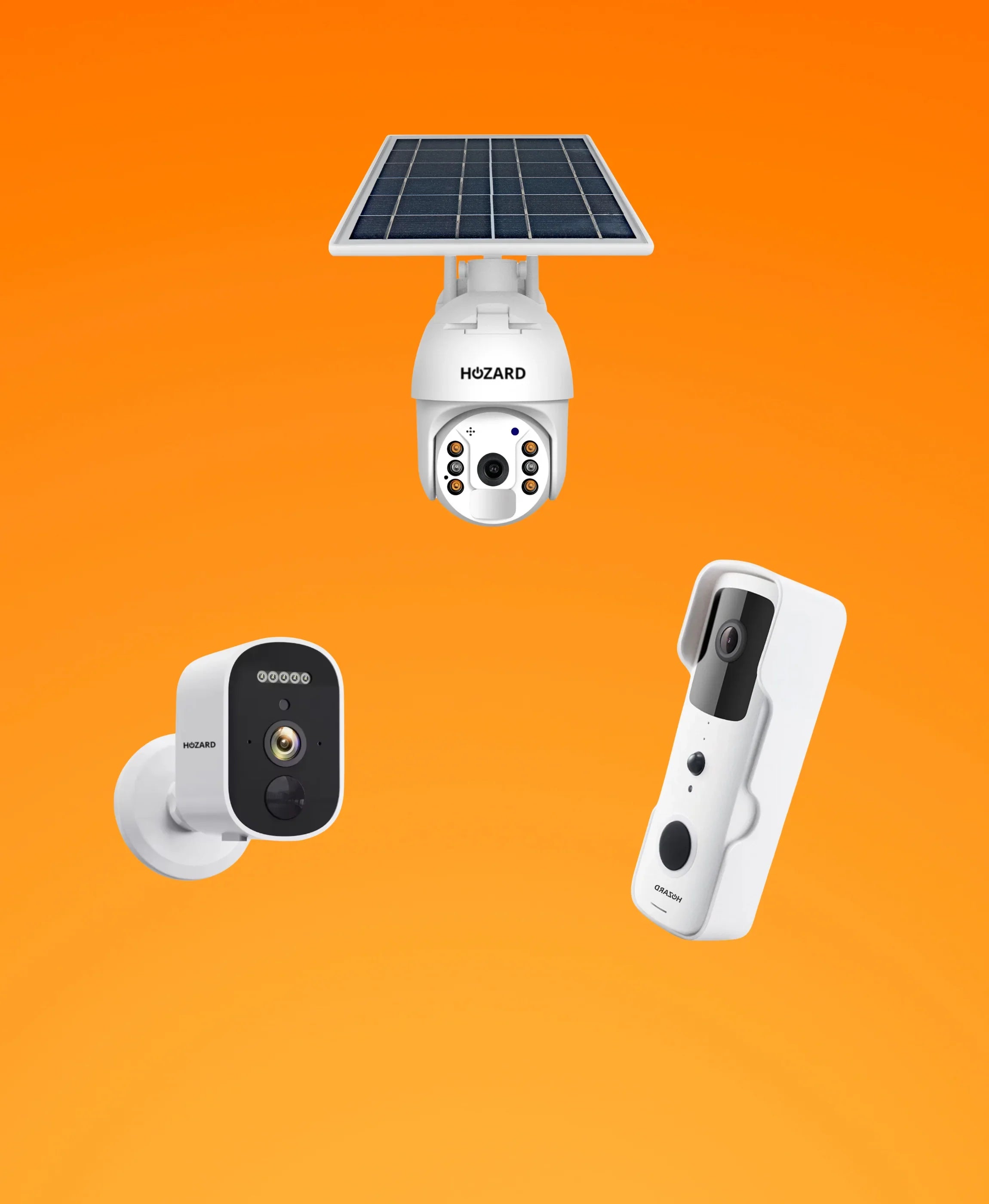 Drie beveiligingscamera's op oranje achtergrond, waaronder een camera met zonnepaneel.