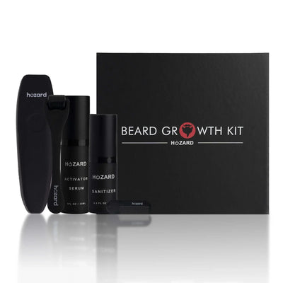 Baardgroei kit met activator serum, sanitizer, kam en roller, afgebeeld voor zwarte doos.