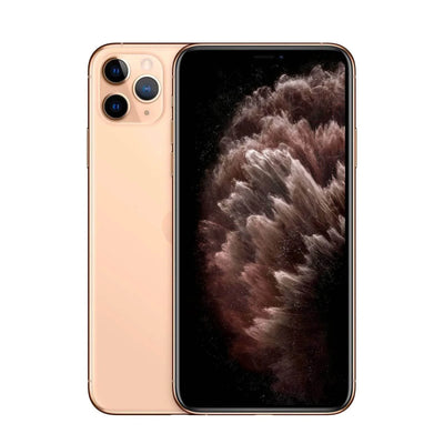 Gouden smartphone met driedubbele camera en groot scherm, moderne elektronica