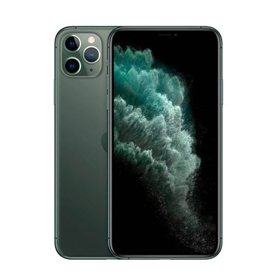 Groene iPhone 11 Pro Max met drie camera’s en groot OLED-scherm, voorkant en achterkant zichtbaar