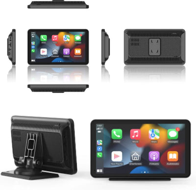 Car multimedia systeem met touchscreen en apps, meerdere aanzichten, zwart design